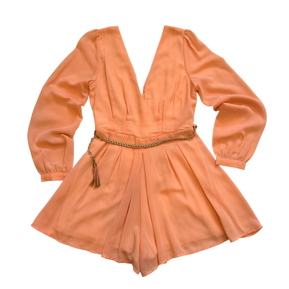 Xtaren Women Peach Coral Deep V-Neck Long Sleeve Belted Romper Size S Chic